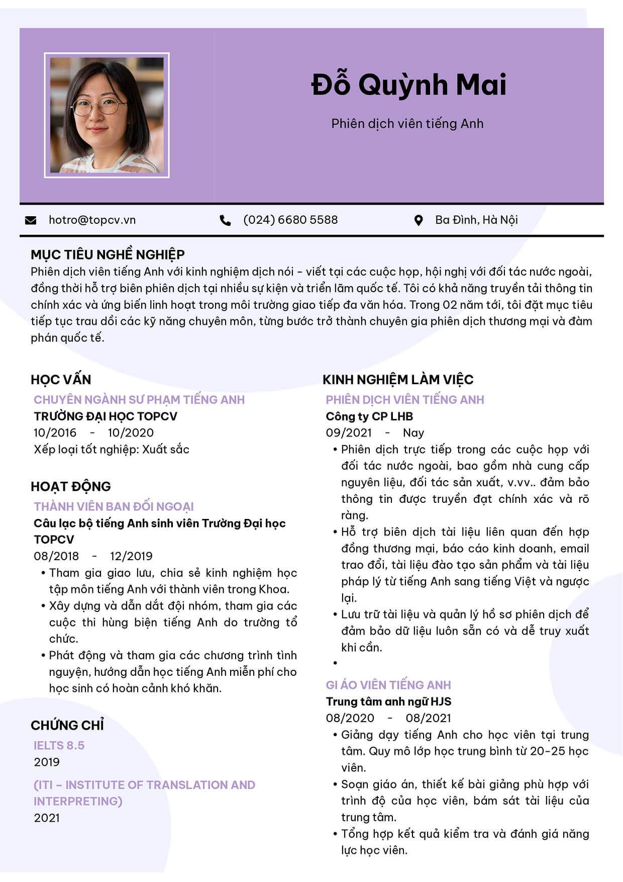  CV phiên dịch tiếng Anh